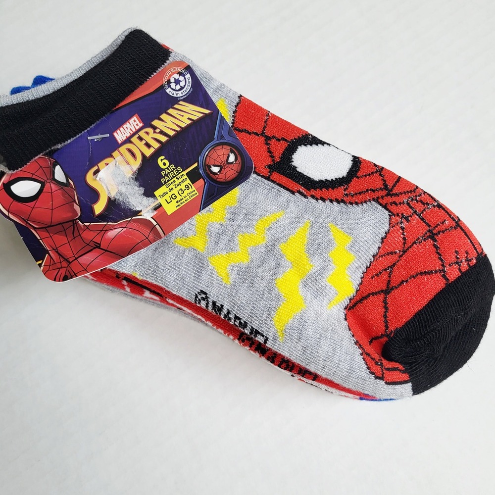 Marvel Spider Man Kids 6 Pair No Show Socks‎ Shoe Size LG 3-9 Superhero NWT